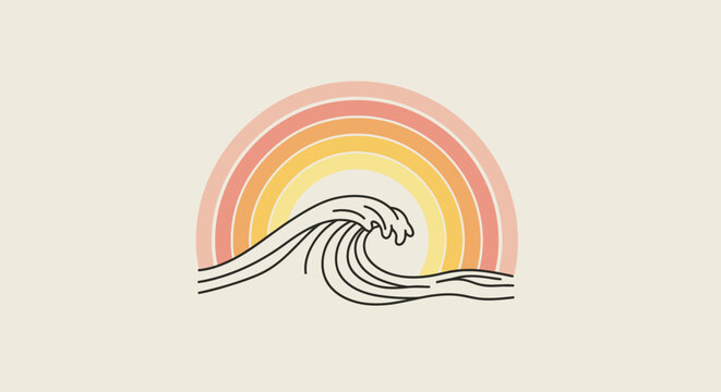 Cheerful stylized ocean wave with a colorful rainbow illustration in line art, on a light beige background, happy mood.