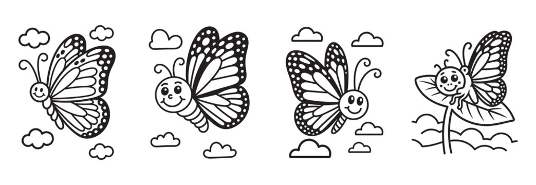 Cute butterfly cartoon coloring page set, 4 butterfly characters flying in sky and sitting on leaf, black and white line art vector for kids
