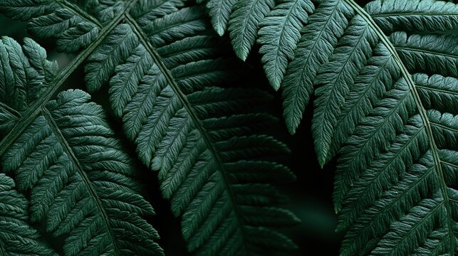 Dark Green Wild Fern Leaf Close Up, High-end Shade Foliage Macro Widescreen Background