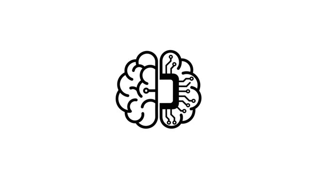 Artificial Intelligence Outline Icon with Human Brain and Computer Chip on Isolated White Background