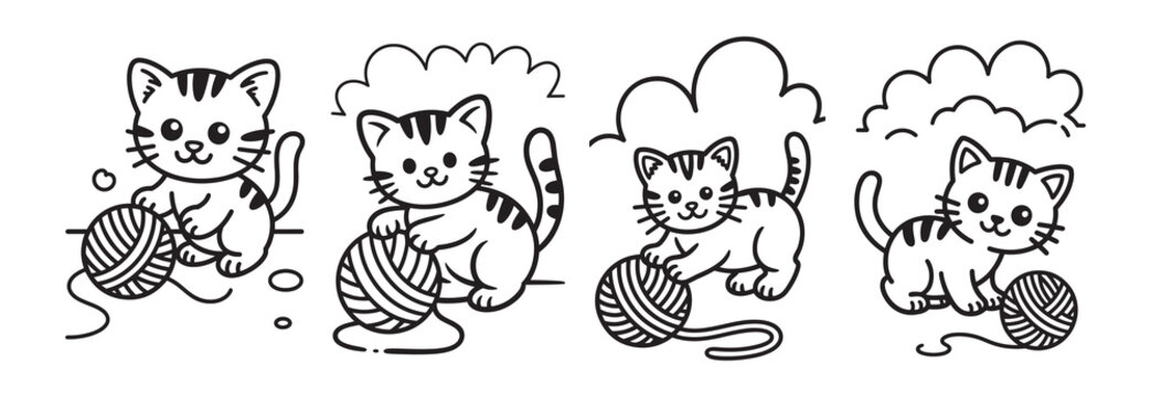 Cute kitten coloring page set, adorable baby cat playing with yarn ball vector, hand drawn feline character illustrations for children activity book
