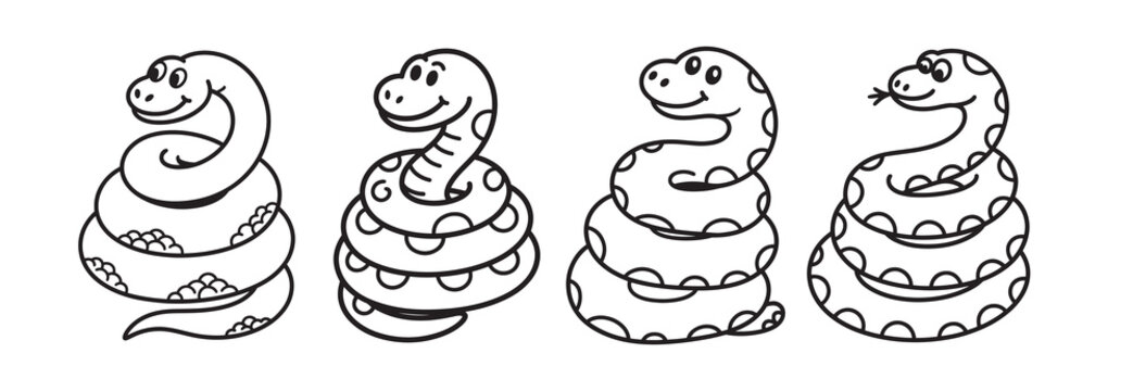 Cartoon snake coloring page set, friendly coiled serpent line art illustrations, 4 cute reptile vector characters for kids activity book