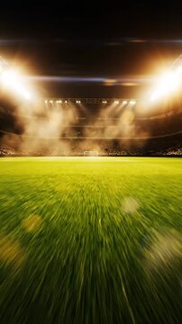 View from the football pitch looking towards stadium floodlights, atmosphere, stadium lights, sport