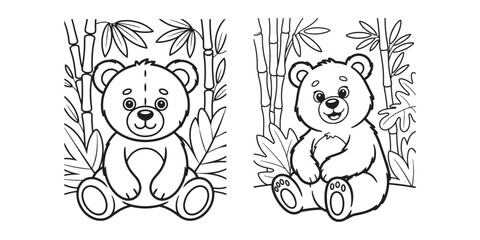 Obraz premium Cute panda coloring page for kids, adorable cartoon bear characters in bamboo forest, black and white line art vector illustration for children