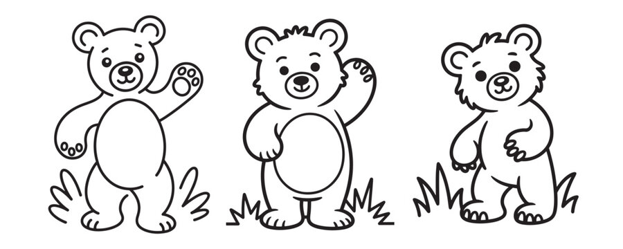 Cute teddy bear coloring page vector set, friendly cartoon bear characters in black and white line art, nursery animal illustrations for kids activity books