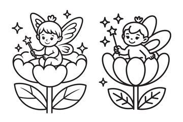 Fototapeta premium Cute fairy coloring page for kids, little magical pixies sitting on flowers vector set, black and white line art of fantasy characters with magic wands