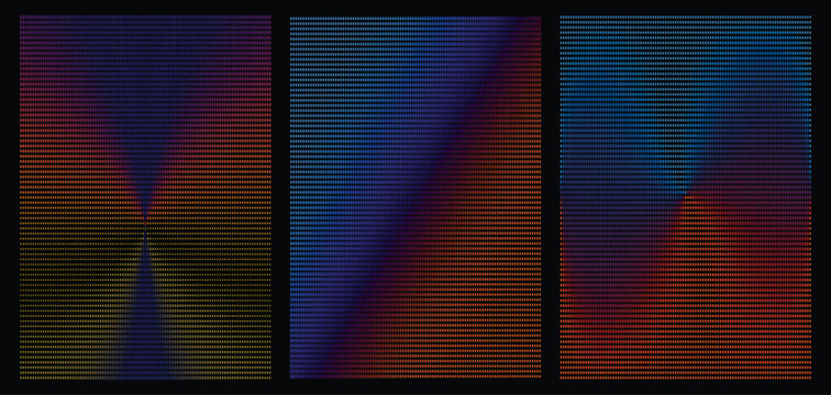 Set of abstract vertical digital backgrounds with colorful gradient dot patterns, modern data visualization style, geometric halftone on black