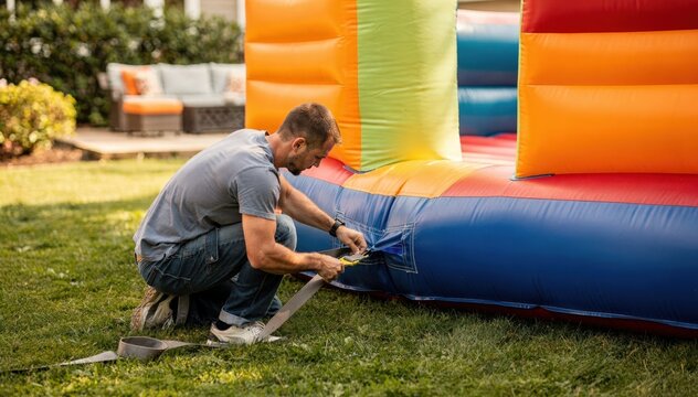 Worker fastening straps on an inflatable bounce house in a suburban backyard green lawn and garden furniture blurred behind the action.