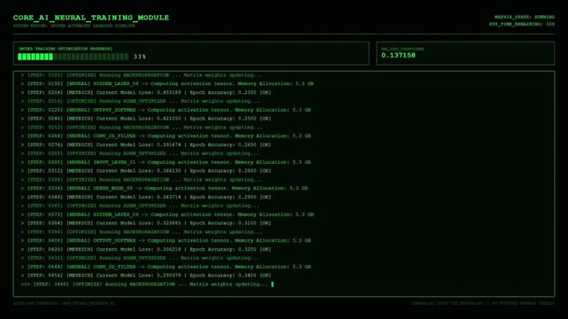 Core AI Neural Training Module Console Displaying Realtime Model Loss Metrics and Epoch Accuracy Optimization Progress Log Screen.