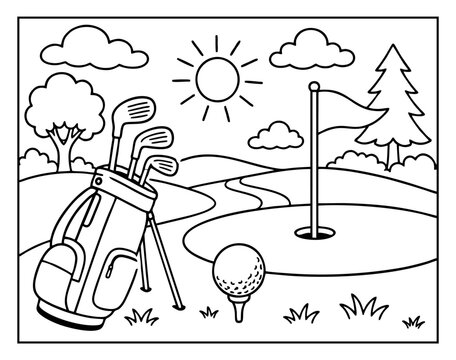Coloring page featuring golf equipment and clubs on a golf course for children to color
