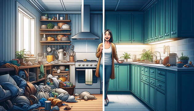 A split-screen advertisement comparing a messy, old-fashioned kitchen with a bright, modern one equipped with new appliances, Ai generated image