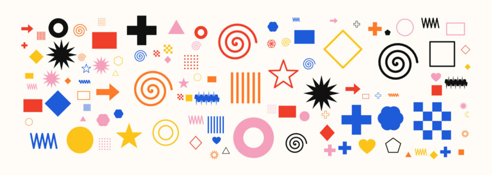 Set of various geometric shapes, abstract symbols, spirals, stars, crosses, arrows, and patterns in different colors and styles isolated on white background