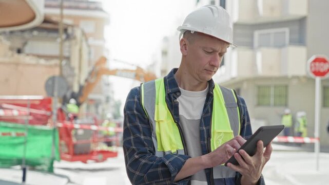 Man builder in hardhat and hi vis vest taps tablet while checking plans on a street construction site; focused inspection.