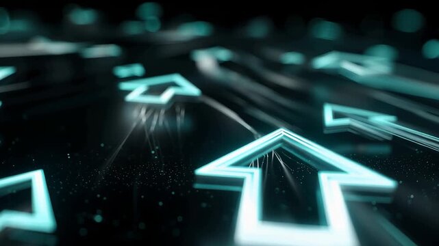 Bright blue arrows travel forward through a dark space, creating a sense of motion in a digital setting. The background adds depth and energy.