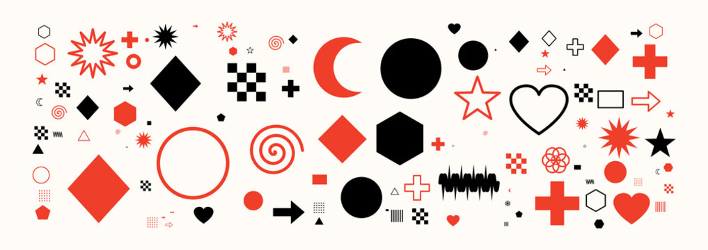 Set of various geometric shapes, symbols, and abstract elements in black and red colors, including stars, circles, hearts, crosses, and patterns