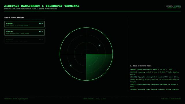 Airspace Management and Telemetry Terminal Interface Displaying Tactical Long Range Pulse Doppler Radar Vector Tracking Grid and Active Target Logs.