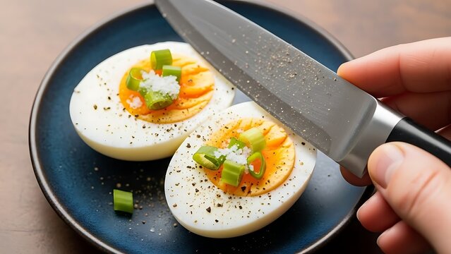 Close up of hand slicing hard-boiled eggs with a knife, seasoned with green onions and black pepper on a blue plate.
