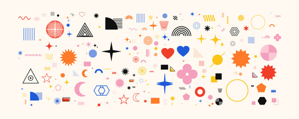 Obraz premium Set of various geometric shapes, abstract symbols, stars, hearts, and minimalist design elements for modern graphic design and creative projects