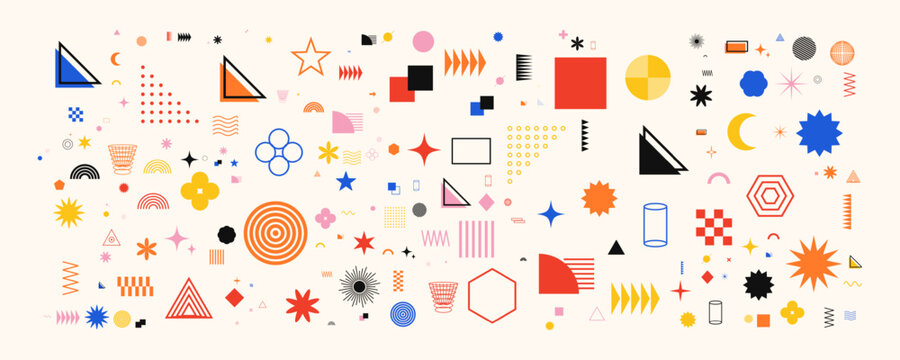 Set of various geometric shapes, abstract elements, and memphis style symbols for modern graphic design, branding, and creative projects