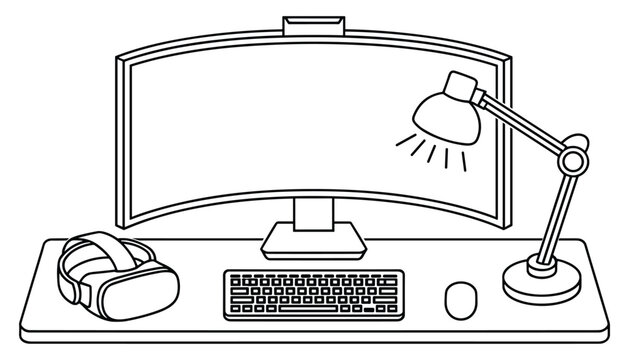 Vector computer desk setup with monitor keyboard mouse VR headset and lamp.