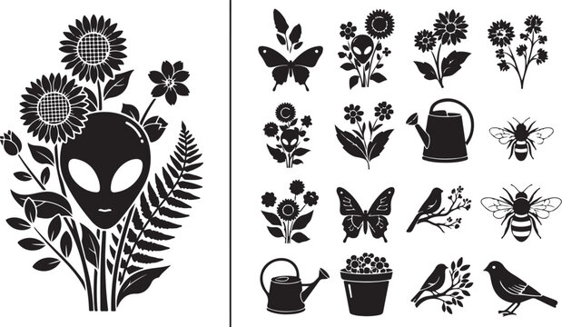Alien face in a bouquet of flowers vector