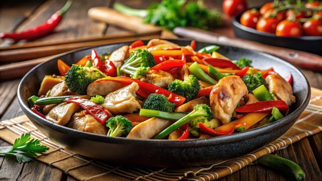 A delicious stir fry dish with tender chicken slices