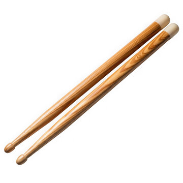 Pair of wooden drumsticks with natural light colored tips shown transparent background
