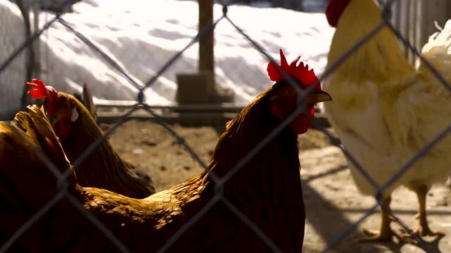 Chickens in a coop in the snow