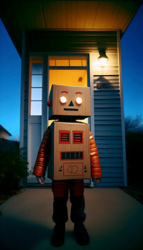 A child dressed in a homemade, slightly lopsided Halloween costume, posing proudly on the front porch at dusk, Ai generated image