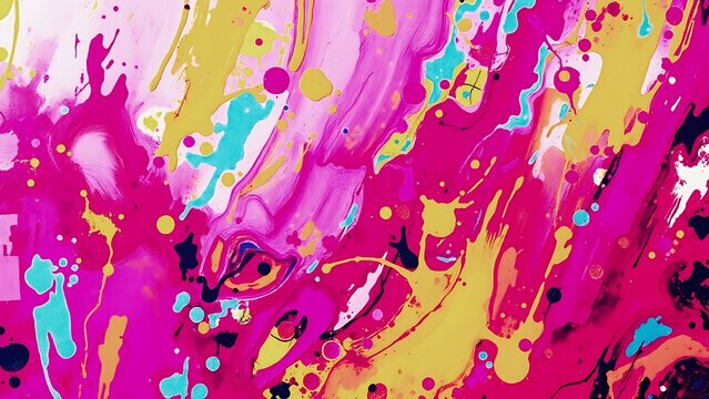 Abstract colorful paint splash backdrop with vibrant pink yellow and teal acrylic ink textures for commercial marketing, digital banners, corporate website headers and desktop wallpapers