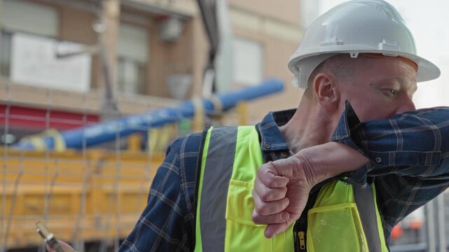 Man builder on building site holding smartphone coughs into elbow while wearing hardhat and vest beside fence and truck; health caution.