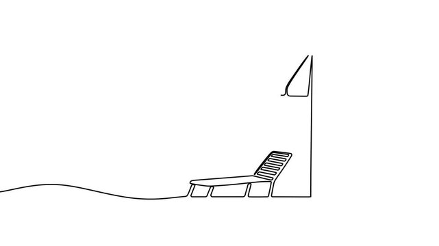 Continuous one line beach umbrella drawing art sun summer sand sea icon island illustration nature background man sunbed holiday minimalist monoline outline sunshade chair coffee doodle design