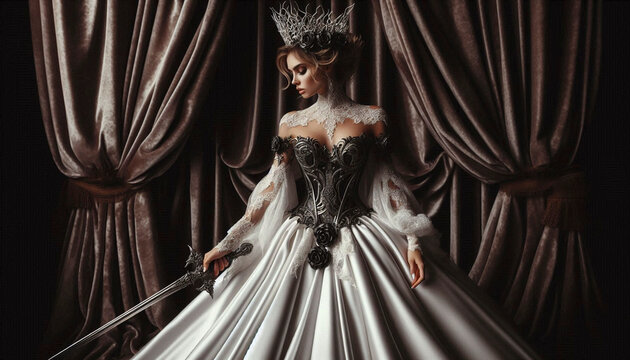 A queenly bride in a crown of twisted silver and black roses, with a ceremonial dagger, Ai generated image