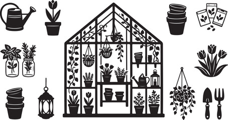 Fototapeta premium Greenhouse gardening illustration with plants and tools