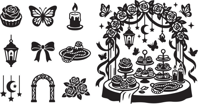 Whimsical Black and White Party Decorations Illustration Set