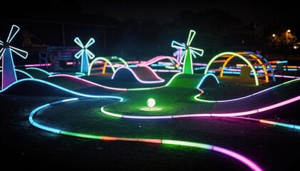 Fototapeta premium Medium shot of a glowing miniature golf course with phosphorescent pathways and obstacles glowing vividly against a dark background focusing on the active hole.