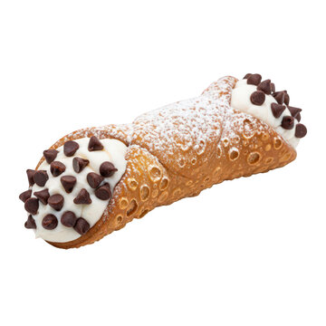 Italian cannoli pastry with ricotta cream and chocolate chips, crispy fried shell dusted with powdered sugar, traditional Sicilian dessert treat isolated on Transparent Background