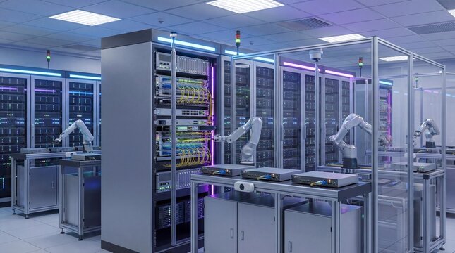 Modern high-performance data center featuring advanced robotic arms managing servers, embodying the future of automated technology infrastructure and efficient operations