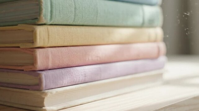 Stacked pastel colored books, light and airy, soft focus, library stack, reading knowledge