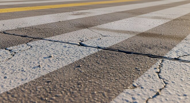 Ground-level perspective capturing the texture of aged asphalt pavement with distinct white stripes and a subtle yellow line, emphasizing road wear and detailed cracks