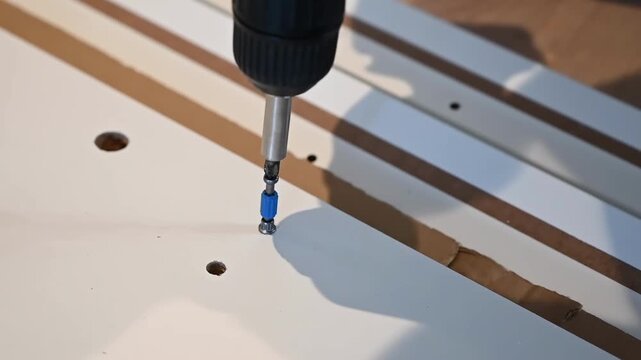 Close up of male hands using electric power drill to screw hardware into flat pack furniture panel.