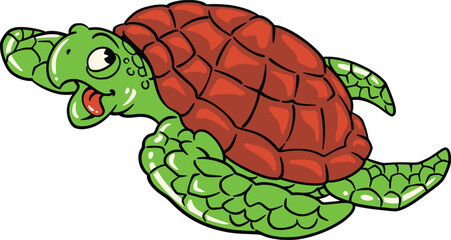 Hand-drawn green sea turtle with red shell, smiling face, and flippers, isolated on white in a cheerful cartoon marine wildlife illustration style © Galih