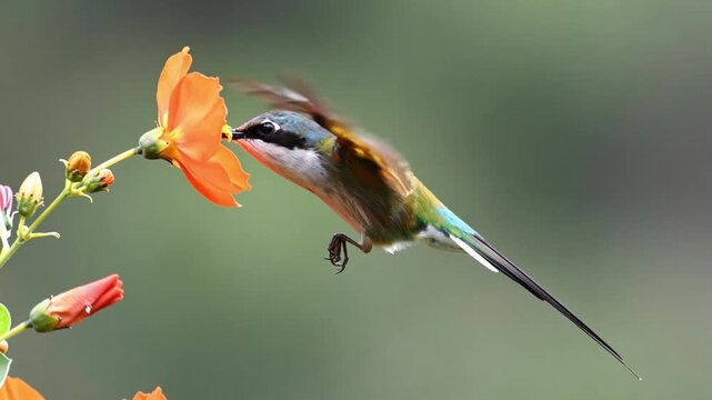 Hummingbird feeding on vibrant orange flowers in natural sunlight