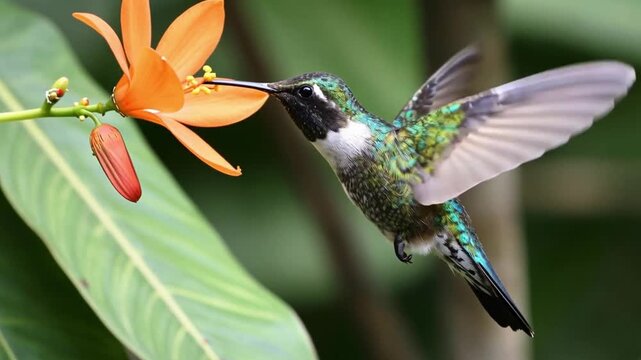 Hummingbird feeding on vibrant orange flowers in natural sunlight