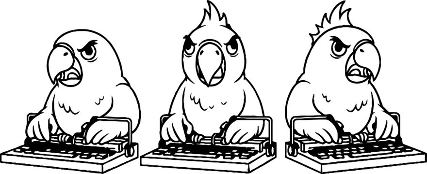 Grumpy parrots typing on vintage typewriters