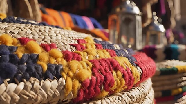 Closeup of colorful woven basket with decorative tassels.