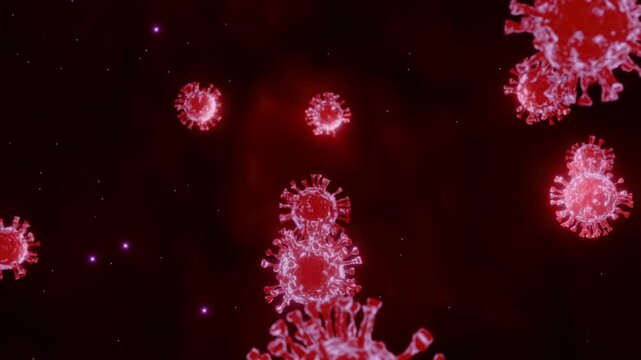 Hantavirus infection in blood under microscope showing motion of hanta flu virus on red background with microbe germs bacteria cells 3d render animation illustration video in 4K Ultra HD footage