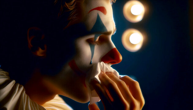 A clown removes his makeup under a harsh bulb, tears cutting through the greasepaint, Ai generated image