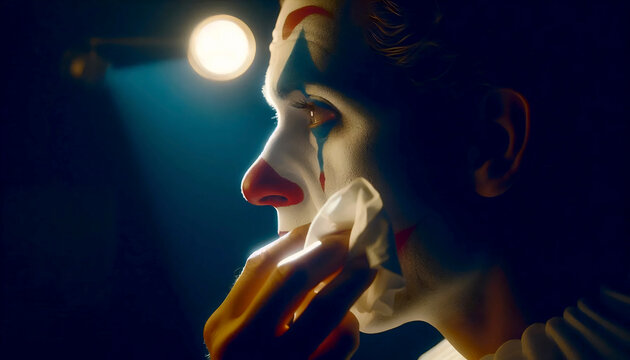 A clown removes his makeup under a harsh bulb, tears cutting through the greasepaint, Ai generated image