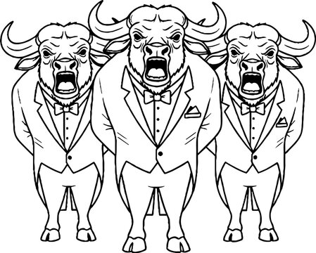 Formal bulls in tuxedos singing or shouting